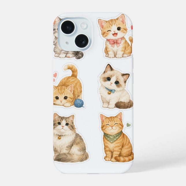 Cat Stickers Pattern iPhone 15 Case (Back)