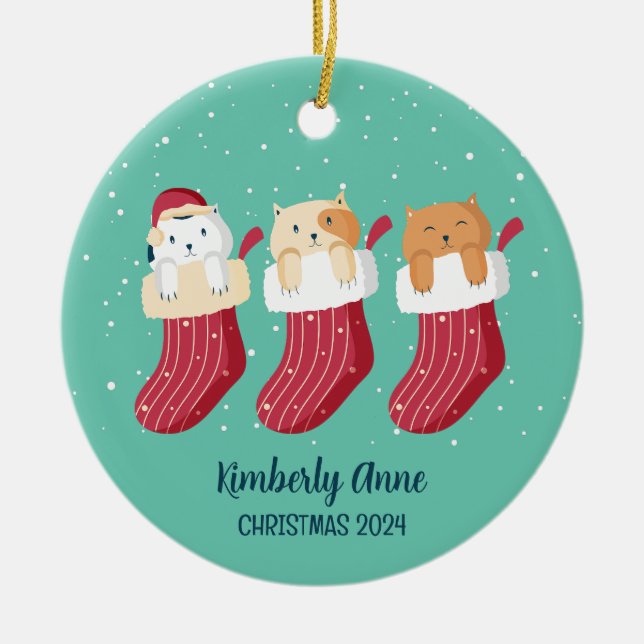 Cat Stockings Christmas Kitty Snowy Winter Holiday Ceramic Ornament (Front)