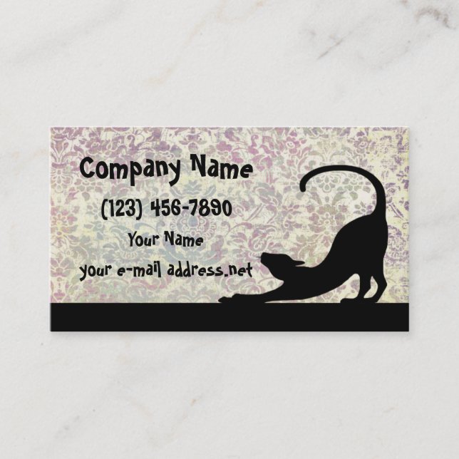Cat Stretching Floral Background Business Card (Front)
