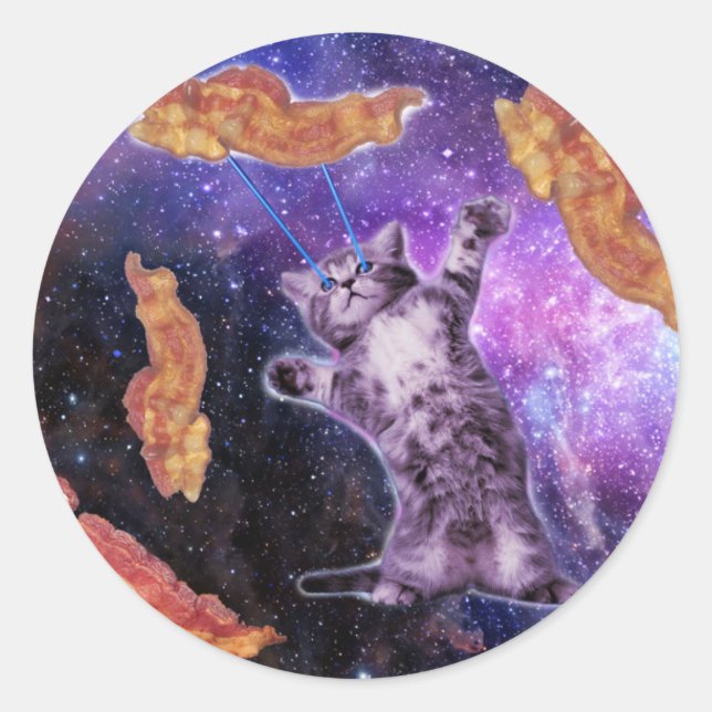 Cat struck bacon with laser eye classic round sticker (Front)