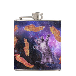 Cat struck bacon with laser eye hip flask