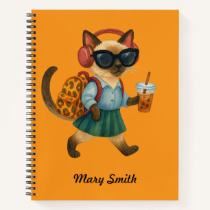 Cat Student Back to School Head phone bubble tea Notebook