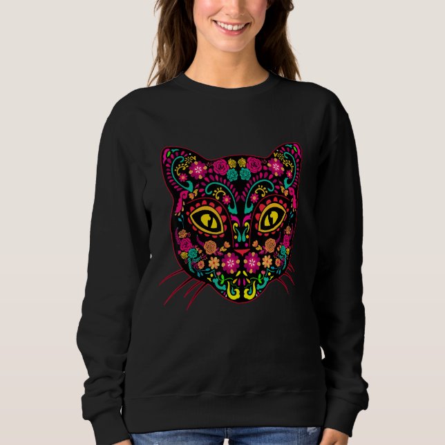 Cat Sugar Skull Dia De Los Muertos Flowers Gato Da Sweatshirt (Front)