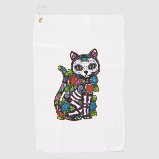 Cat Sugar Skull Mexico Calavera Dia De Los Muertos Golf Towel (Front)