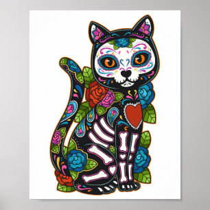 Cat Sugar Skull Mexico Calavera Dia De Los Muertos Poster