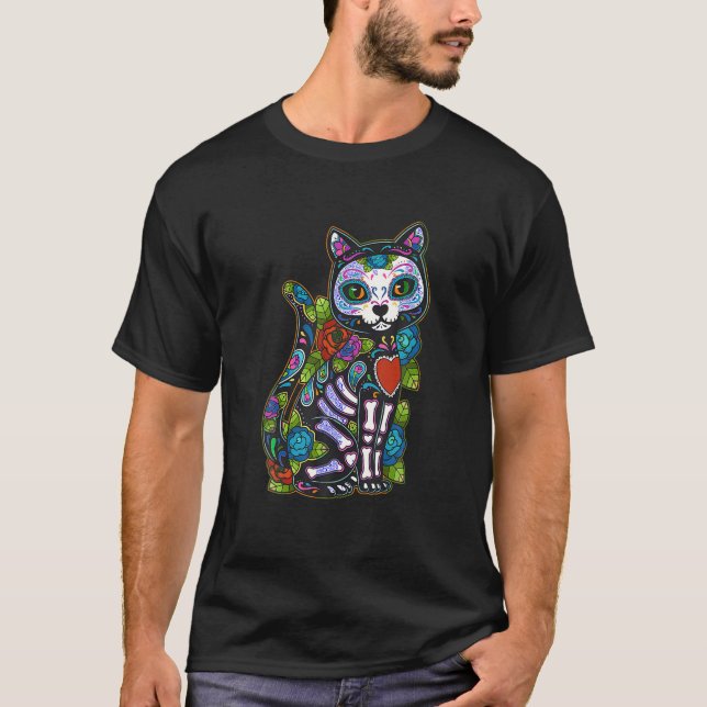 Cat Sugar Skull Mexico Calavera Dia De Los Muertos T-Shirt (Front)