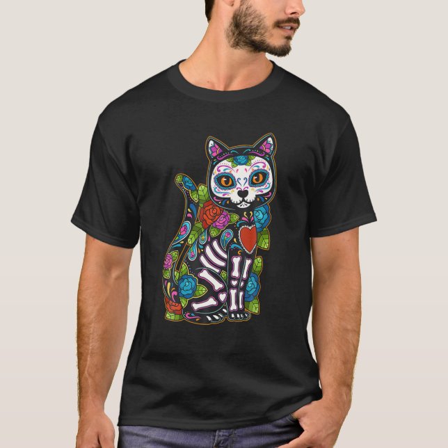 Cat Sugar Skull Mexico Calavera Dia De Los Muertos T-Shirt (Front)