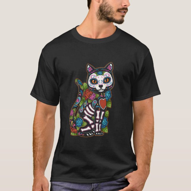 Cat Sugar Skull Mexico Calavera Dia De Los Muertos T-Shirt (Front)