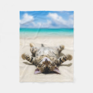 Cat Sunbathing at the Beach Fleece Blanket
