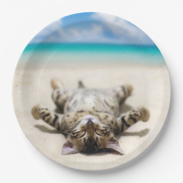 Cat Sunbathing at the Beach  Paper Plate (Front)