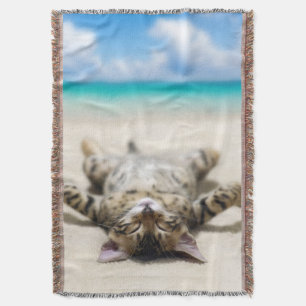 Cat Sunbathing at the Beach  Throw Blanket