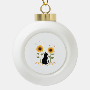 Cat Sunflower Christmas Tree Sun Flower Cat Lover Ceramic Ball Christmas Ornament