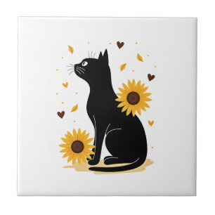 Cat Sunflower Christmas Tree Sun Flower Cat Lover  Ceramic Tile