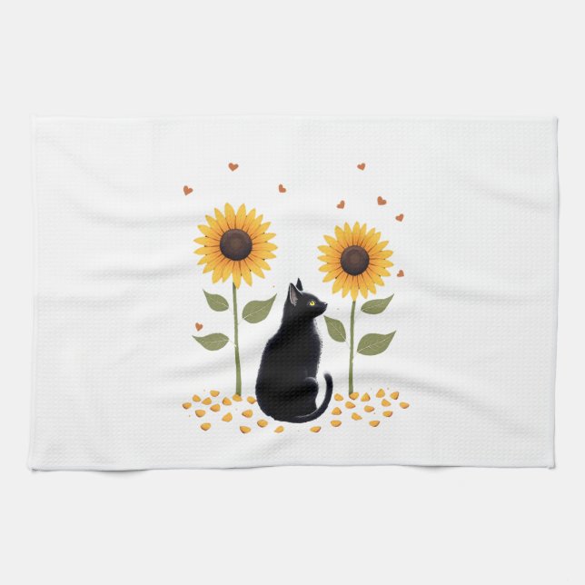 Cat Sunflower Christmas Tree Sun Flower Cat Lover  Tea Towel (Horizontal)