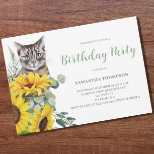 Cat Sunflower Floral Birthday Invitation Postcard