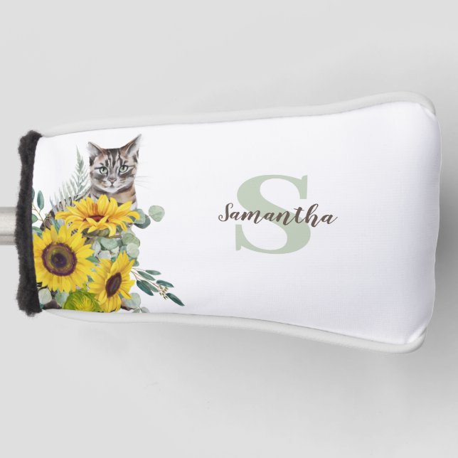 Cat Sunflower Monogram Name Golf Head Cover (Front)