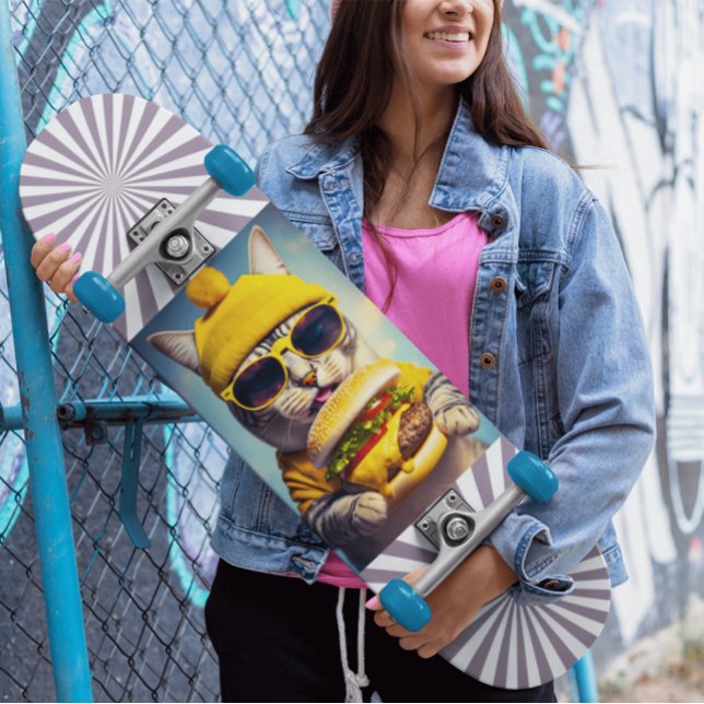 Cat Sunglasses Cheeseburger Funny Skateboard (Creator Uploaded)