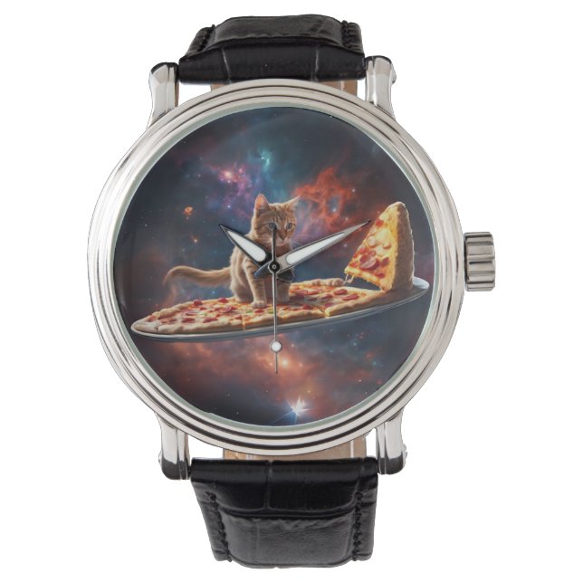 Cat surfing a pizza in the cosmos watch (Front)
