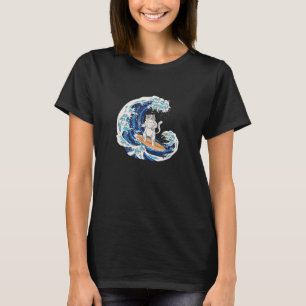 Cat surfing a Wave eating Sushi in Japanese Style T-Shirt