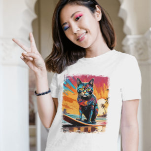 Cat Surfing Cute Colourful Comic Illustration T-Shirt