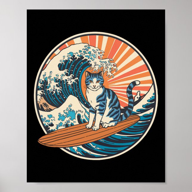 Cat Surfing Funny Surfer Surfboard  Poster (Front)