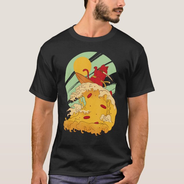 Cat Surfing Pizza In Cool Samurai Style T-Shirt (Front)