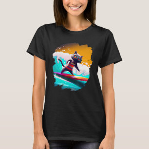 Cat Surfing Surfer Riding Wave Ocean Artistic Cool T-Shirt