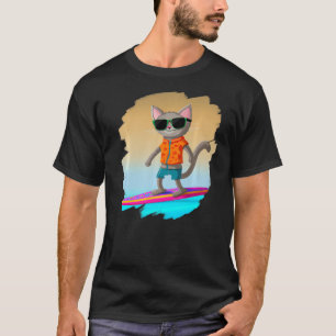 Cat Surfing Surfer Riding Wave Ocean Artistic Cool T-Shirt