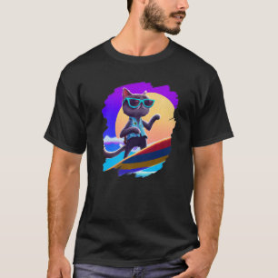 Cat Surfing Surfer Riding Wave Ocean Artistic Cool T-Shirt