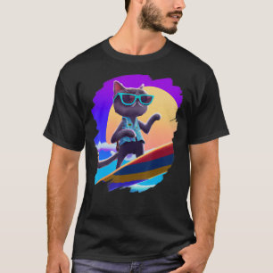 Cat Surfing Surfer Riding Wave Ocean Artistic Cool T-Shirt