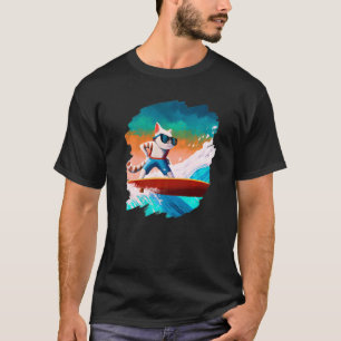 Cat Surfing Surfer Riding Wave Ocean Artistic Cool T-Shirt