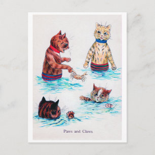Cat Swimming at The Beach., Louis Wain Postcard