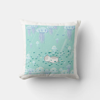 cat swimming with fish and jellyfish cushion