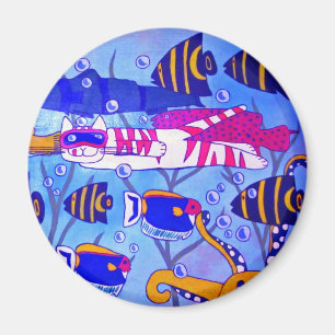 Cat Swimming with Fish Magnet