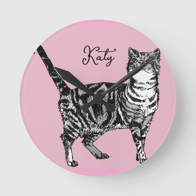 Cat Tabby Pastel Cats Girls Rose Pink Pets Round Clock (Front)