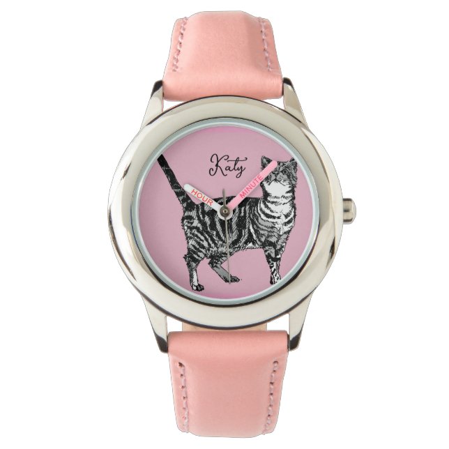 Cat Tabby Pastel Cats Girls Rose Pink Pets Watch (Front)