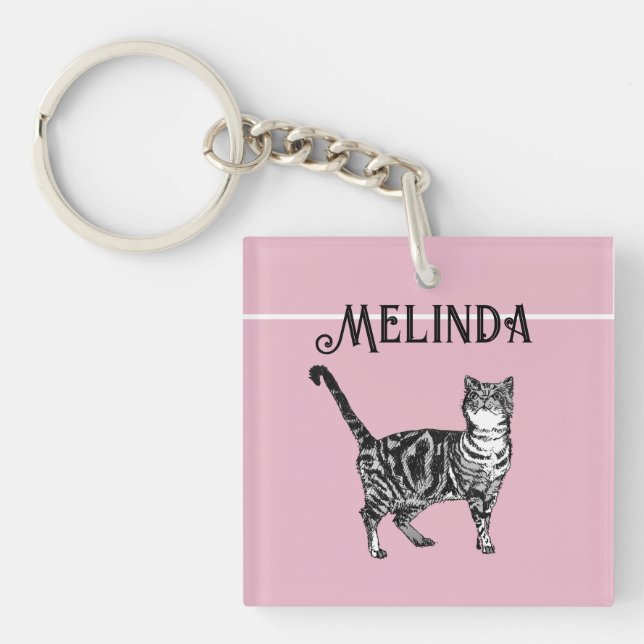 Cat Tabby Pastel Cats Kids Girls Light Pink Badge Key Ring (Front)
