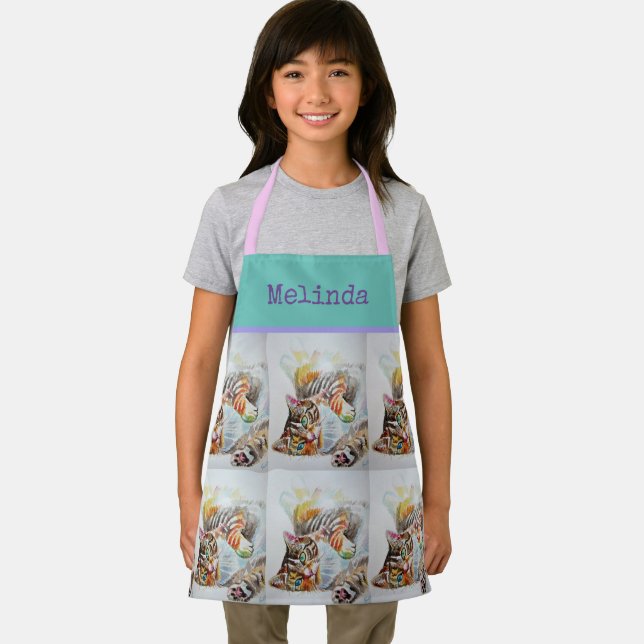 Cat Tabby Pastel Cats Kids Pink Aqua Girls Apron (Insitu)