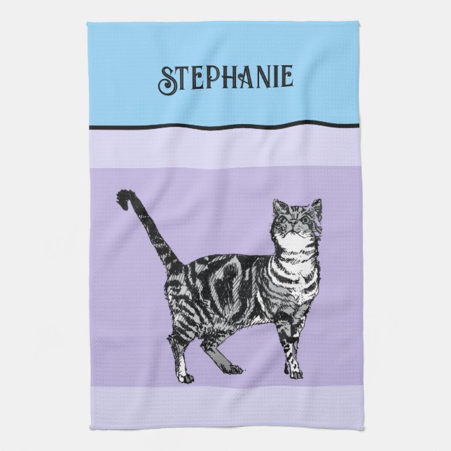 Cat Tabby Pastel Cats Womens Light Blue Purple Tea Towel (Vertical)