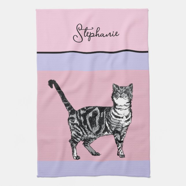 Cat Tabby Pastel Cats Womens Light Pink Purple Tea Towel (Vertical)