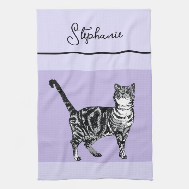 Cat Tabby Pastel Cats Womens Light Purple Lavender Tea Towel (Vertical)