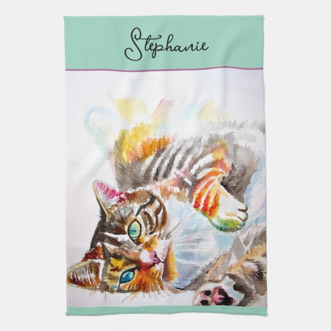 Cat Tabby Pastel Cats Womens Mint Green Aqua Pets Tea Towel (Vertical)