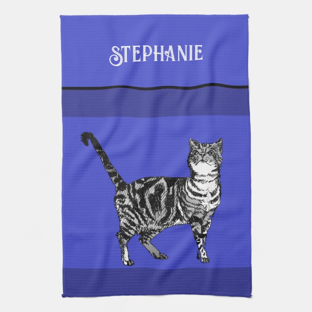Cat Tabby Pastel Cats Womens Navy Blue Tea Towel (Vertical)