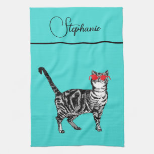 Cat Tabby Pastel Cats Womens Teal Aqua Name Tea Towel