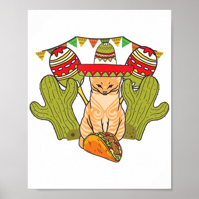 Cat Taco Sombrero Mexican Fiesta Funny Cinco de Ma Poster (Front)