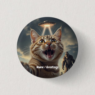 Cat Taking Selfie with UFO and Bigfoot Funny Gift 3 Cm Round Badge