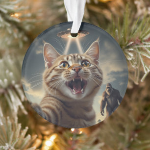 Cat Taking Selfie with UFO and Bigfoot Funny Gift Ornament