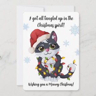Cat Tangled Up in String Lights Meowy Christmas Holiday Card