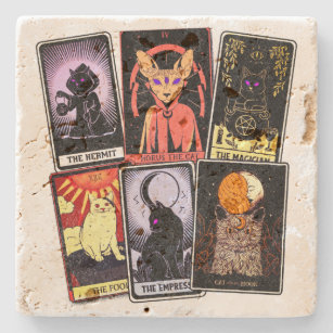 Cat Tarot Cards--Halloween Empress. Hermit, Fool Stone Coaster
