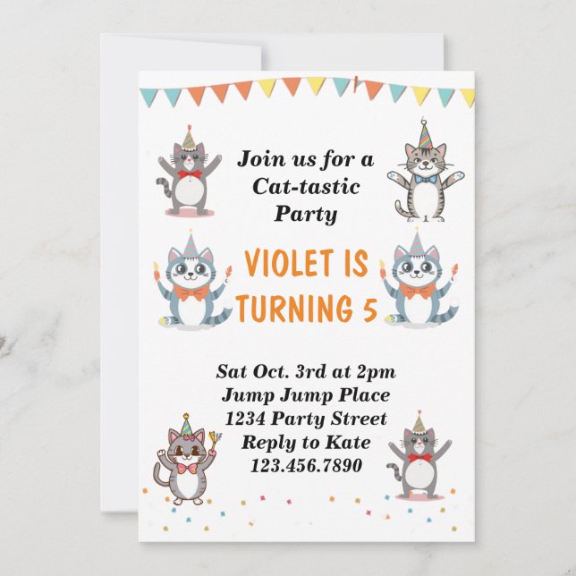 Cat-Tastic Kitty Cat Birthday Party With Gold Foil Invitation (Front)